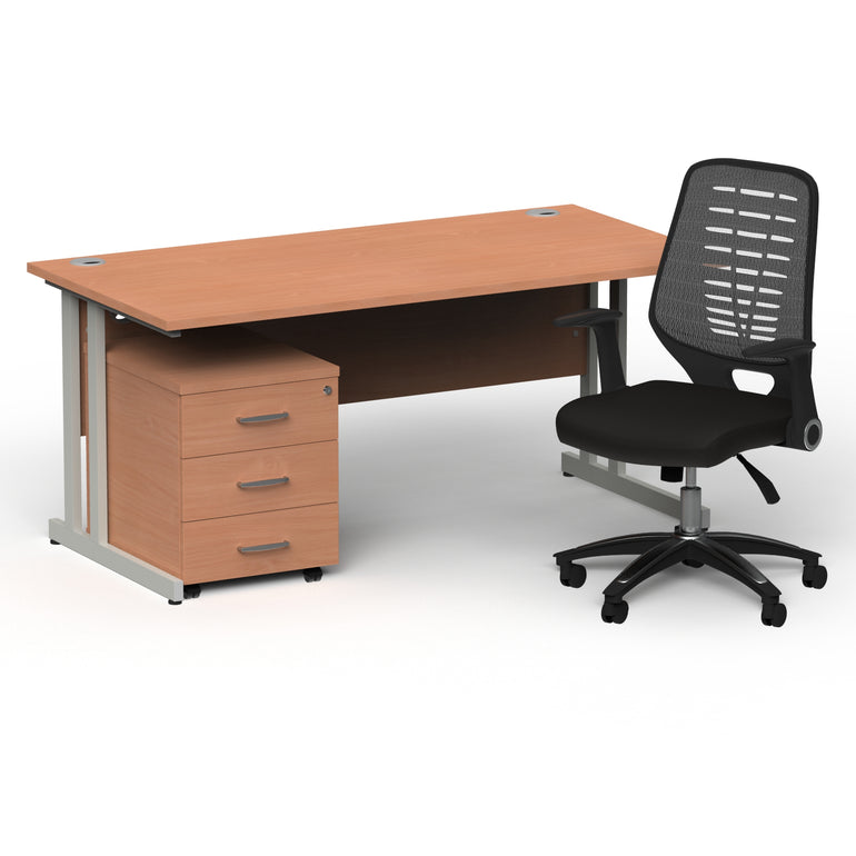 Impulse 1600mm Cantilever Straight Desk With Mobile Pedestal and Relay Silver Back Operator Chair