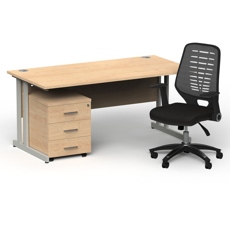 Impulse 1600mm Cantilever Straight Desk With Mobile Pedestal and Relay Silver Back Operator Chair