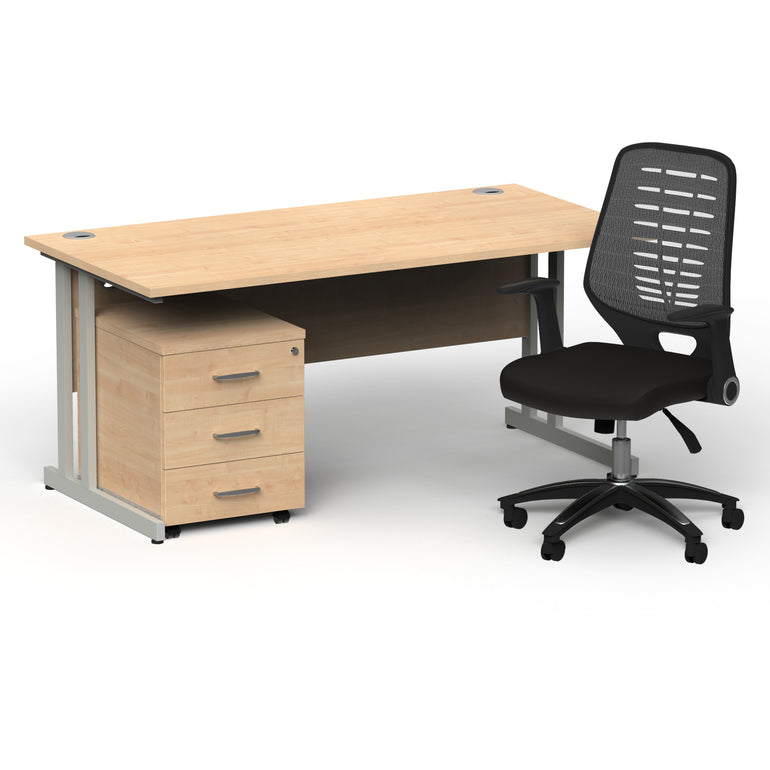 Impulse 1600mm Cantilever Straight Desk With Mobile Pedestal and Relay Silver Back Operator Chair