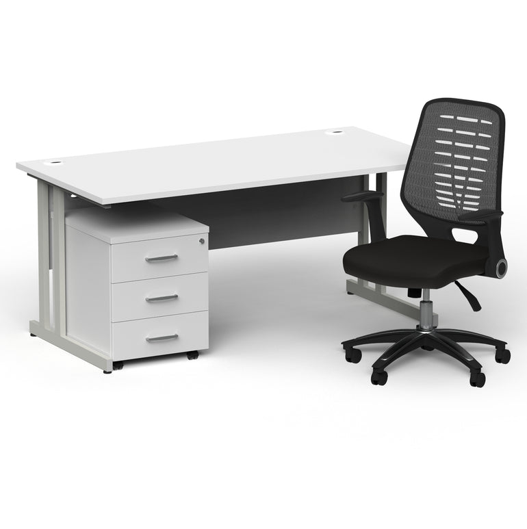 Impulse 1600mm Cantilever Straight Desk With Mobile Pedestal and Relay Silver Back Operator Chair