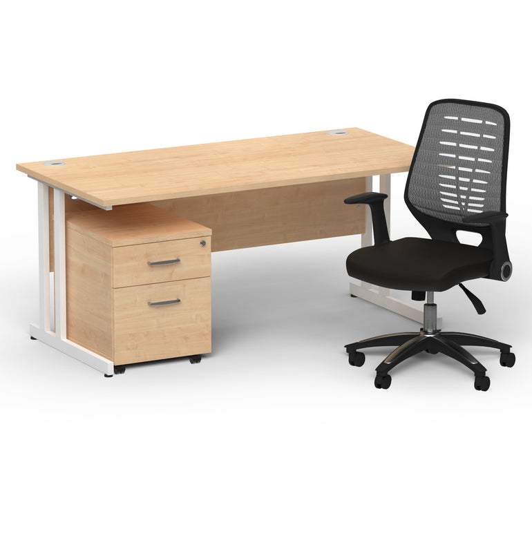 Impulse 1600mm Cantilever Straight Desk With Mobile Pedestal and Relay Silver Back Operator Chair