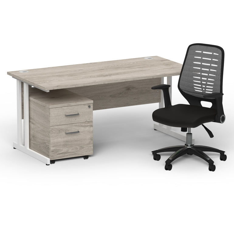 Impulse 1600mm Cantilever Straight Desk With Mobile Pedestal and Relay Silver Back Operator Chair