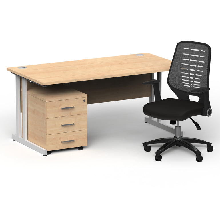 Impulse 1600mm Cantilever Straight Desk With Mobile Pedestal and Relay Silver Back Operator Chair