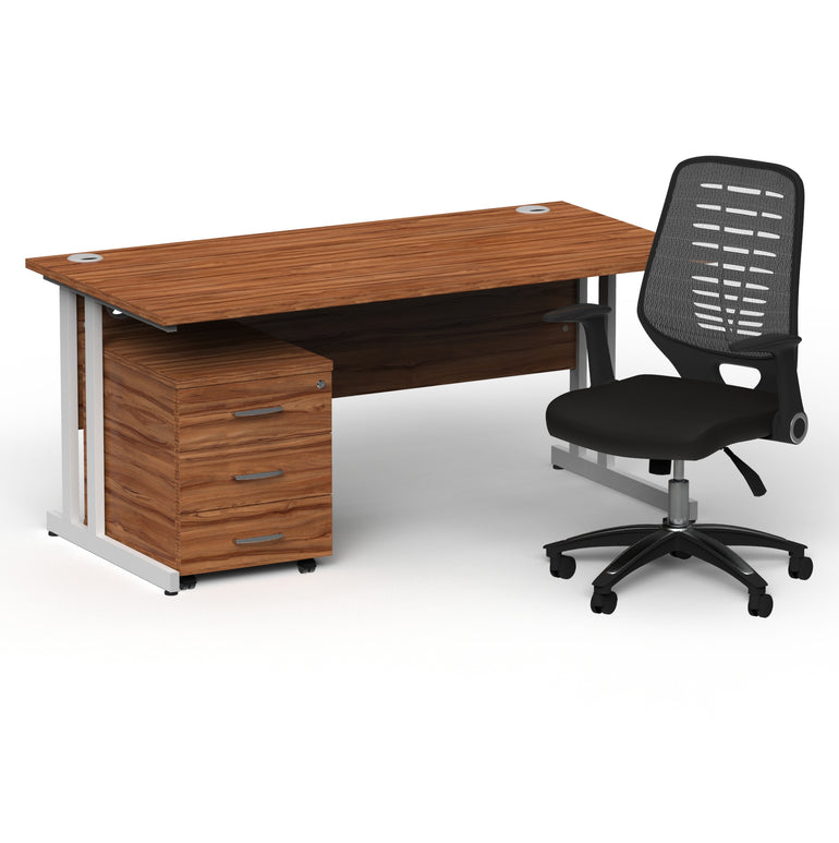 Impulse 1600mm Cantilever Straight Desk With Mobile Pedestal and Relay Silver Back Operator Chair