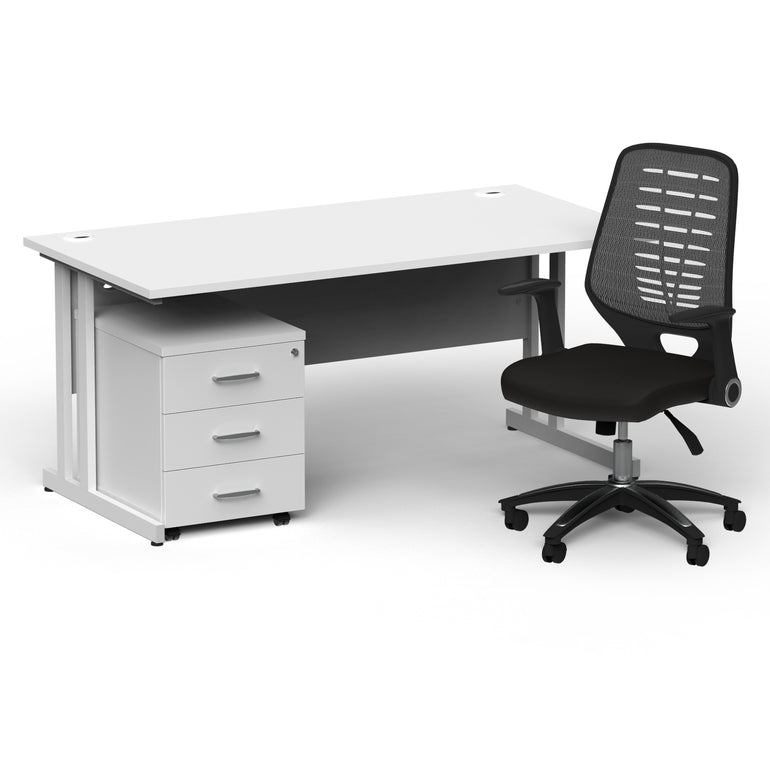 Impulse 1600mm Cantilever Straight Desk With Mobile Pedestal and Relay Silver Back Operator Chair