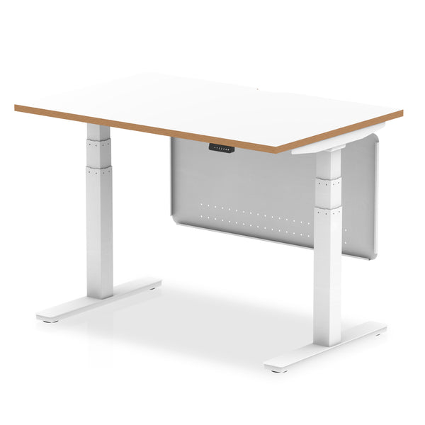 Oslo Air Height Adjustable Desk White Top Natural Wood Edge White Frame with White Steel Modesty Panel