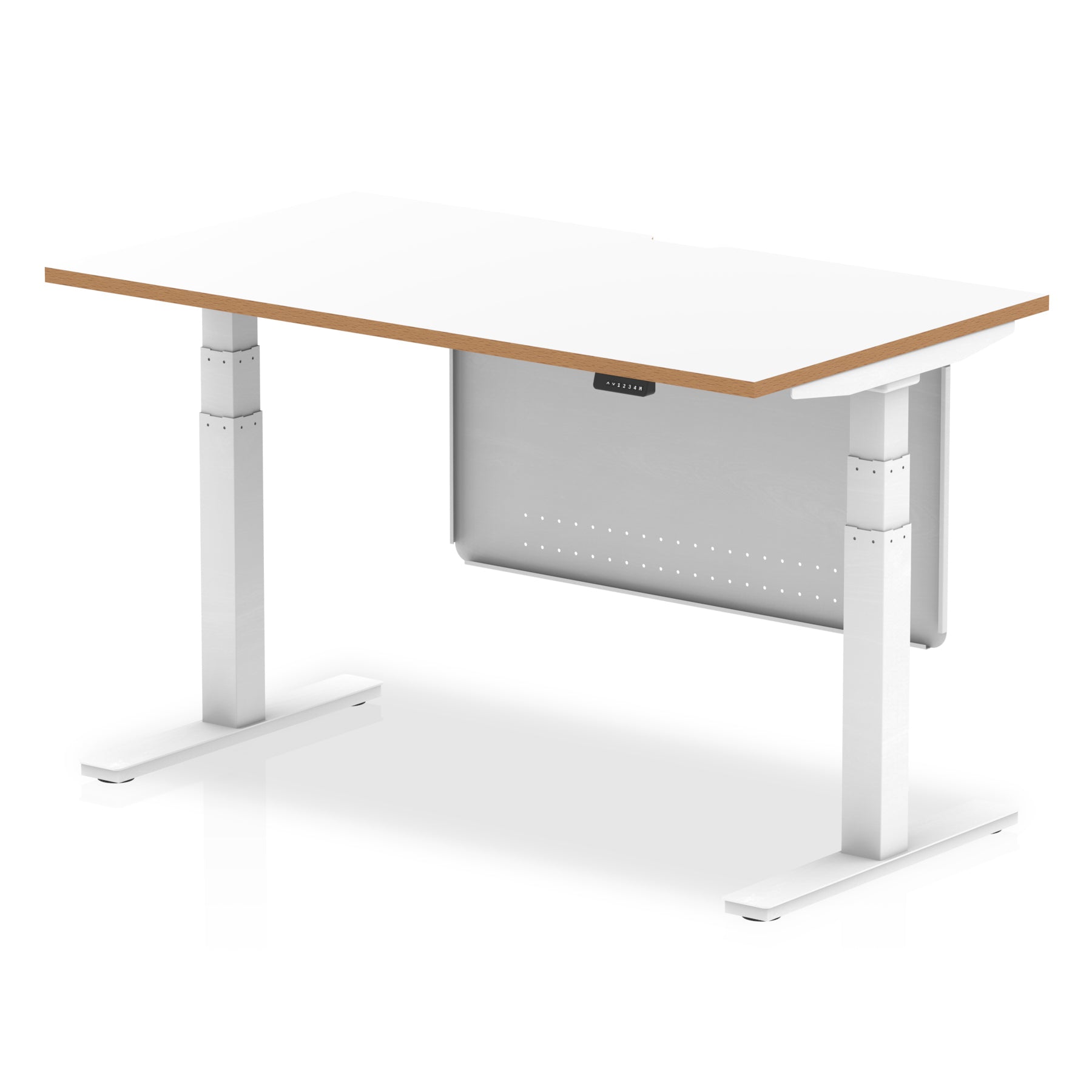 Oslo Height Adjustable Desk White Top Natural Wood Edge White Frame with White Steel Modesty Panel
