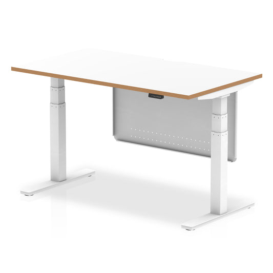 Oslo Air Height Adjustable Desk White Top Natural Wood Edge White Frame with White Steel Modesty Panel